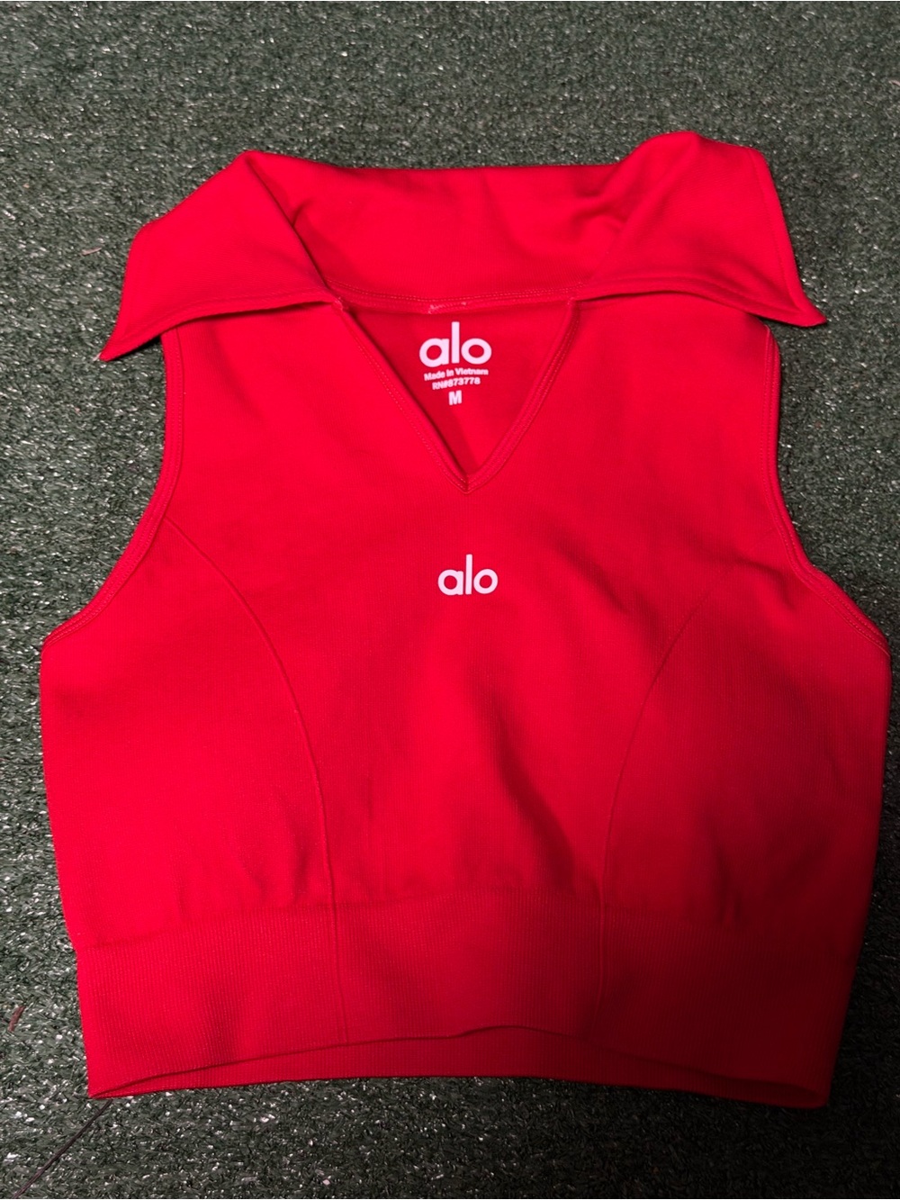 ALO Yoga Red Sleeveless Cropped Polo Tank